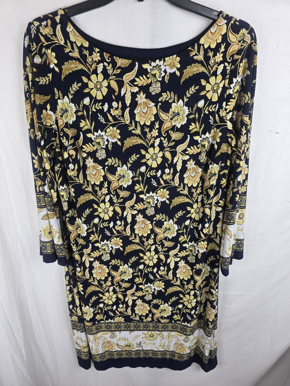 Enfocus Studio Navy and Yellow Floral Border-Print Long Sleeve Dress Sz 12 - Picture 2 of 7